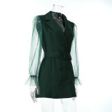 Spring Sexy See-Through Mesh Long Sleeve Double Breasted Slim Waist Chic Women Blazer Dress