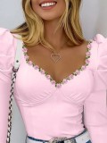 Women's Lace Floral Decorated Puff Sleeve Long Sleeve V-Neck T-Shirt Slim Fit Top