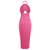 Summer Flower Sexy Strapless Halter Low Back Slit Long Party Dress