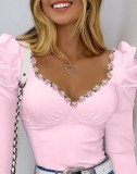 Women's Lace Floral Decorated Puff Sleeve Long Sleeve V-Neck T-Shirt Slim Fit Top