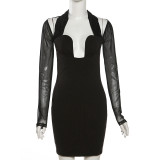 Autumn And Winter Women's Fashion Halter Neck Sexy Low-Cut Mesh Patchwork Bodycon Dress