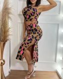Summer Women's Low Back Lace-Up Chic Short Sleeve T-Shirt Bodycon Printed Skirt Two Piece Set
