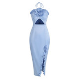 Summer Flower Sexy Strapless Halter Low Back Slit Long Party Dress