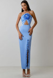 Summer Flower Sexy Strapless Halter Low Back Slit Long Party Dress