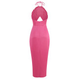 Summer Flower Sexy Strapless Halter Low Back Slit Long Party Dress