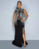 Women Beaded Mesh See-Through Patchwork Sleeveless Slit Dress