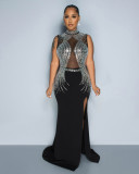 Women Beaded Mesh See-Through Patchwork Sleeveless Slit Dress