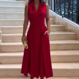 Women Autumn Solid Turndown Collar Pleated Sleeveless Dress