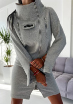 Women autumn gray high collar zipper dress Women autumn gray high collar zipper dress