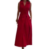 Women Autumn Solid Turndown Collar Pleated Sleeveless Dress