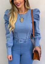 Women Denim Long Sleeve Solid Puff Sleeve Crop Shirt Women Denim Long Sleeve Solid Puff Sleeve Crop Shirt