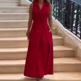 Women Autumn Solid Turndown Collar Pleated Sleeveless Dress