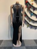 Women Beaded Mesh See-Through Patchwork Sleeveless Slit Dress