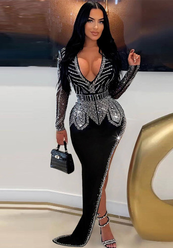 Women Sexy Beveled Beaded Stretch V-Neck Bodycon Dress