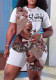 Women spring and summer printed short-sleeved top and shorts sports two-piece set