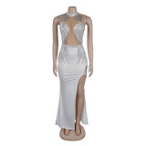 Women Beaded Mesh See-Through Patchwork Sleeveless Slit Dress