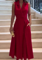 Women Autumn Solid Turndown Collar Pleated Sleeveless Dress Women Autumn Solid Turndown Collar Pleated Sleeveless Dress