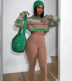 Women Striped Long Sleeve Crop Top and Pant Two Piece Set