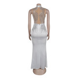 Women Beaded Mesh See-Through Patchwork Sleeveless Slit Dress