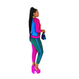 Women's Fashion Casual Style Contrast Color Block Zipper Two-Piece Pants Set