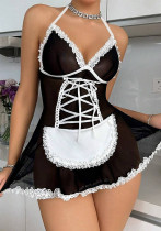 Sexy Cosplay Maid Lingerie See Through Halter Strap Nightdress