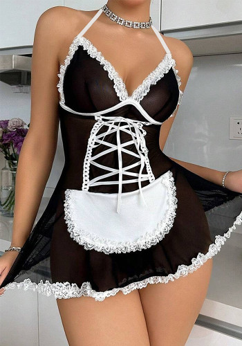 Sexy Cosplay Maid Lingerie See Through Halter Strap Nightdress