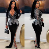 Women Sexy Beveled Beaded Stretch V-Neck Bodycon Dress