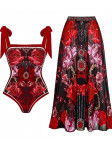 Women's Retro Print One Piece Swimsuit Retro Print Mesh Skirt Two Piece Set