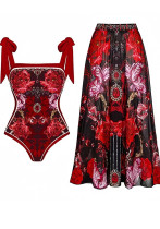 Women's Retro Print One Piece Swimsuit Retro Print Mesh Skirt Two Piece Set