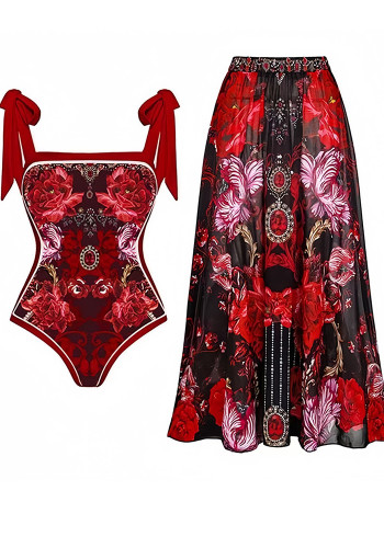 Women's Retro Print One Piece Swimsuit Retro Print Mesh Skirt Two Piece Set