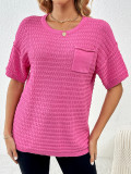 Women Spring and Summer Pocket Short Sleeve Solid knitting Blouse