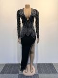 Women Sexy Beveled Beaded Stretch V-Neck Bodycon Dress