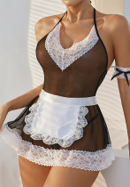 Sexy Cosplay Maid Lingerie See Through Halter Strap Nightdress