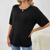 Women Spring and Summer Pocket Short Sleeve Solid knitting Blouse