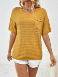 Women Spring and Summer Pocket Short Sleeve Solid knitting Blouse