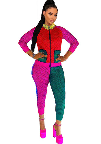 Women's Fashion Casual Style Contrast Color Block Zipper Two-Piece Pants Set