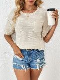 Women Spring and Summer Pocket Short Sleeve Solid knitting Blouse