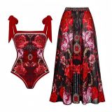 Women's Retro Print One Piece Swimsuit Retro Print Mesh Skirt Two Piece Set