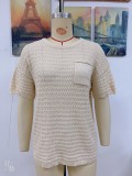 Women Spring and Summer Pocket Short Sleeve Solid knitting Blouse
