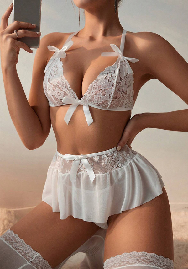 Sexy Lace Bikini Mini Skirt Three Piece Lingerie Set