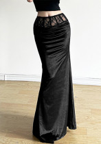 Sexy Lace Patchwork Solid Color Chic Elegant Slim Long Skirt