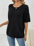 Women Spring and Summer Pocket Short Sleeve Solid knitting Blouse