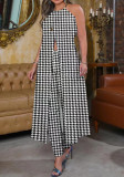 Spring And Summer Chic Halter Neck Sleeveless Houndstooth Printed Loose Top High Waist Pants Two Piece Set