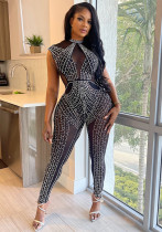 Women Solid mesh Beaded Sleeveless Jumpsuit Women Solid mesh Beaded Sleeveless Jumpsuit