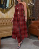Spring And Summer Chic Halter Neck Sleeveless Houndstooth Printed Loose Top High Waist Pants Two Piece Set