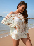 Summer Long Sleeve Solid Color Loose Round Neck Hollow Women's Knitting Shirt