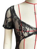 Women's Sexy See Through Lace U Neck Short Sleeve Jumpsuit