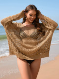 Summer Long Sleeve Solid Color Loose Round Neck Hollow Women's Knitting Shirt