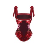 Women's Retro Print One Piece Swimsuit Retro Print Mesh Skirt Two Piece Set