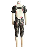 Women's Sexy See Through Lace U Neck Short Sleeve Jumpsuit
